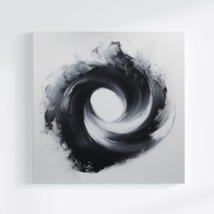 Tablou canvas abstract Mișcare Dinamică, sugerând fluiditate și viteză prin linii curbe și culori energice, pe un perete alb.