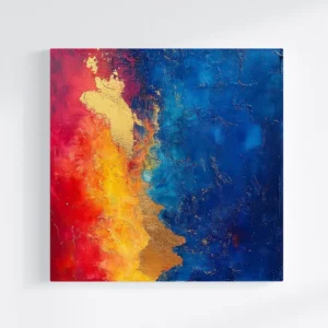 Tablou canvas abstract Strălucire Expresivă, cu particule strălucitoare și culori intense, pe un perete alb.