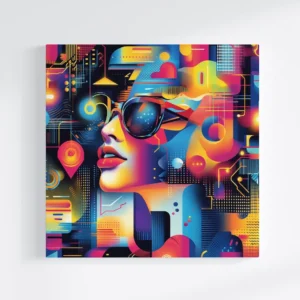 Tablou canvas abstract Nostalgia, cu forme retro, creând o atmosferă caldă și familiară, pe un perete alb.