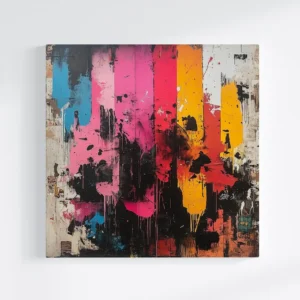 Tablou canvas Abstract Street Art, cu elemente de graffiti și culori vibrante, expus pe un perete modern de cărămidă albă.