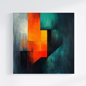 Tablou canvas abstract Contrast, ilustrând un puternic contrast între portocaliu și verde, pe un perete alb