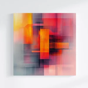 Tablou canvas abstract Digital Squares, compus din pătrate digitale în diverse culori și dimensiuni, pe un perete alb.