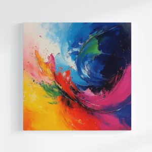 Tablou canvas Abstract Wave, cu forme fluide și linii dinamice în nuanțe de albastru, auriu și negru, afișat pe un perete dintr-un living modern.