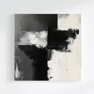 Pictură abstractă alb-negru. Artă modernă cu pensule îndrăznețe. Design minimalist, contrast puternic.