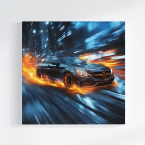 Mașină Mercedes neagră în viteză, cu flăcări. Artă digitală cu mașini, viteză și oraș.