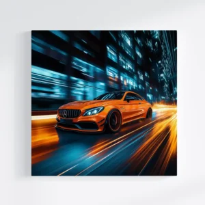 Mașină portocalie Mercedes-Benz AMG în viteză pe stradă, artă digitală. Design auto modern.