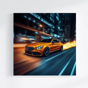 Mașină Mercedes-Benz aurie pe un tablou, accelerând pe stradă cu flăcări. Viteză, lux, putere.
